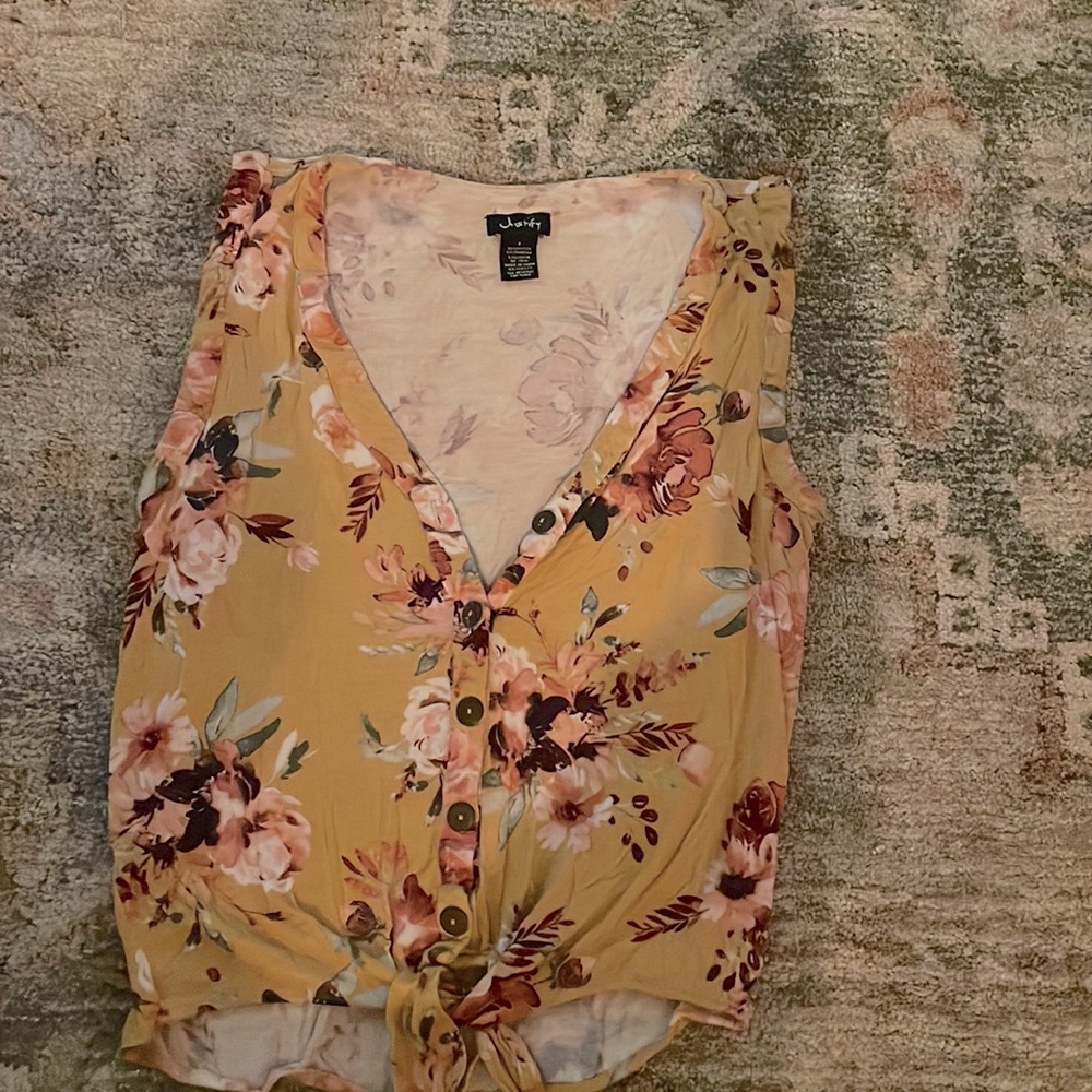 Yellow tank top, with flowers. Low cut.  Brand: Justify. Size: small